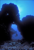 Taucherin erkundet unterspültes Riff im indischen Ozean  (Malediven)