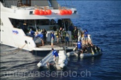 Taucher eines Safaribotes besteigen Schlauchboote welche sie zu den Tauchplätzen bringen (Ägypten, Rotes Meer) -  Diveboat and Divers (Aegypt, Red Sea)