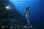 Unterwassermodel posiert mit Querföte im Korallenriff (Ägypten, Rotes Meer), underwater model and flute (Aegypt, Red Sea)