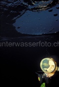 Taucherin betrachtet Luftblasen unter Eisdecke im Garichtestausee (Schweiz)
